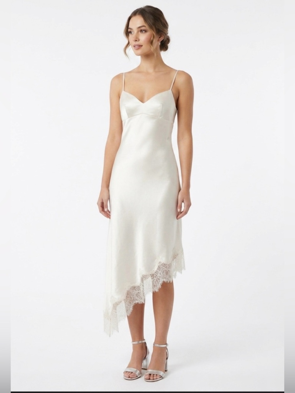 Zara Asymmetric Satin Lace Slip Dress Ivory Woman’s Size Xsmall